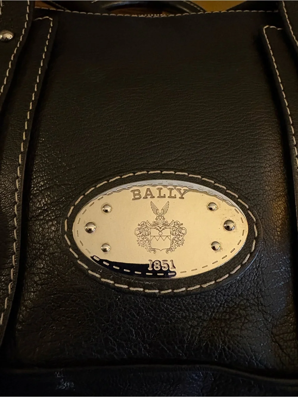 Bally Vintage Black Leather Lorri Satchel Bag Crest Medallion Contrast Stitch